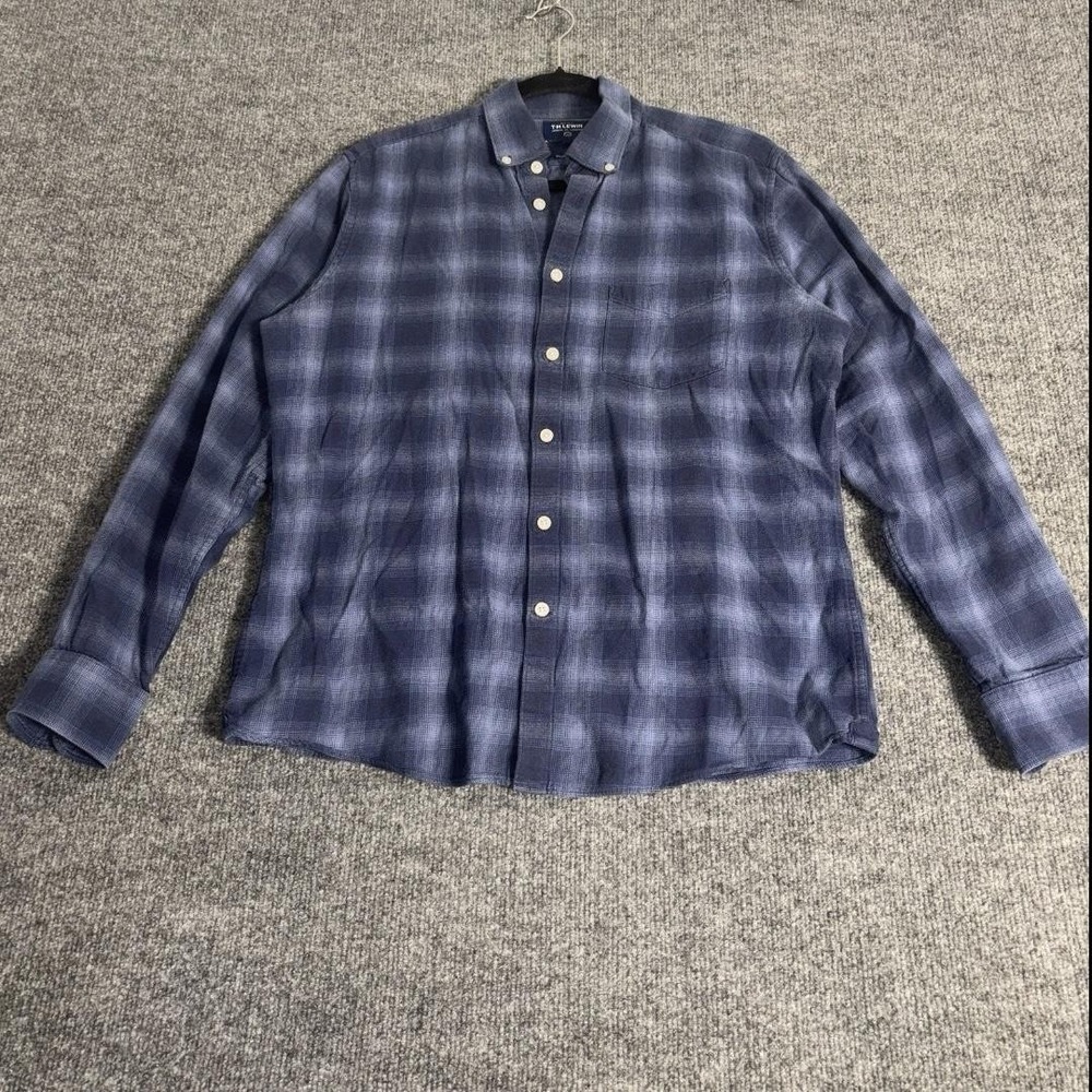 TM Lewin Button Down Shirt Mens M Blue Plaid Brushed Cotton Flannel